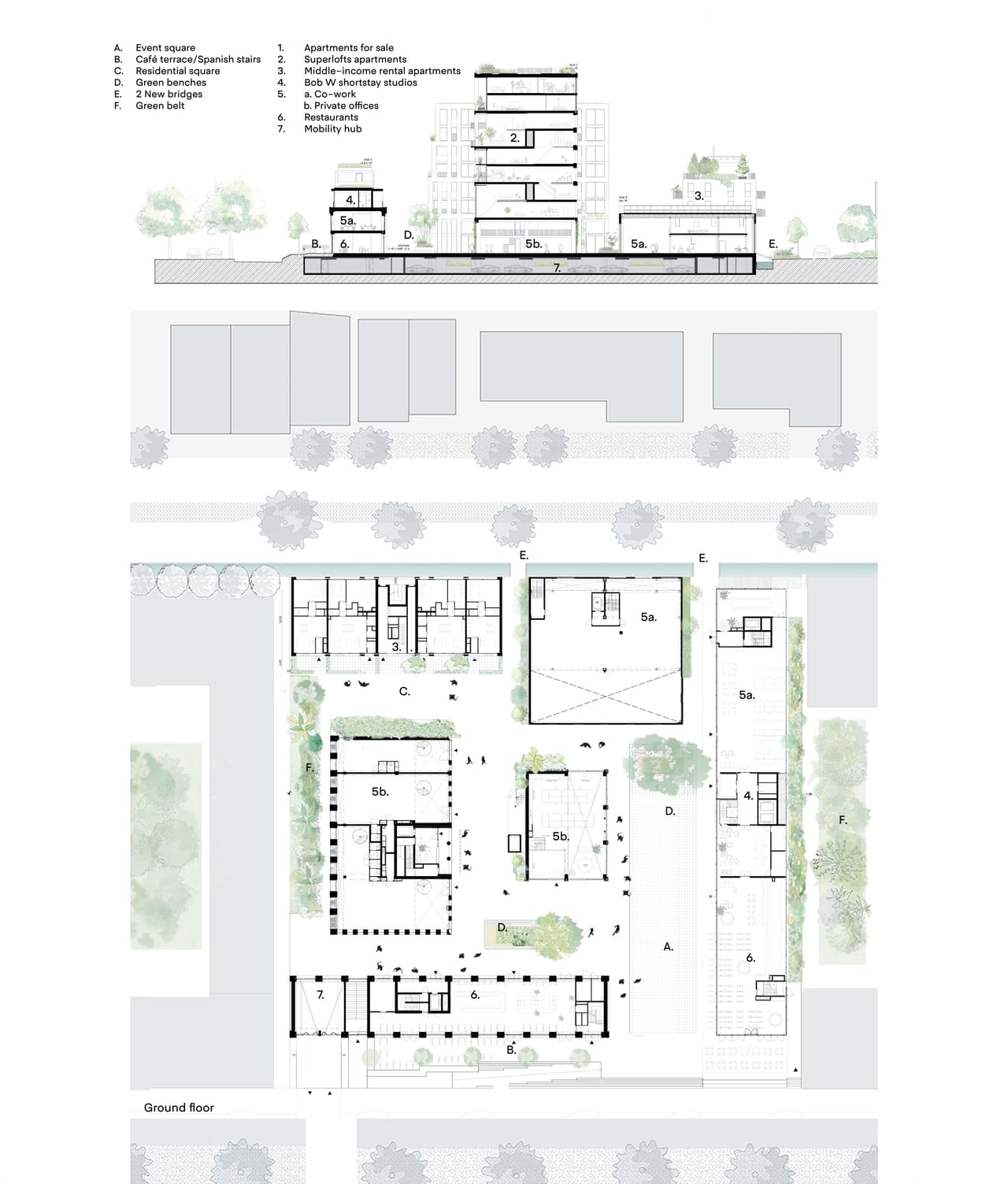 Ground floor plan of Republica with the squares, alleys, bridges and the plinth functions, with legend
