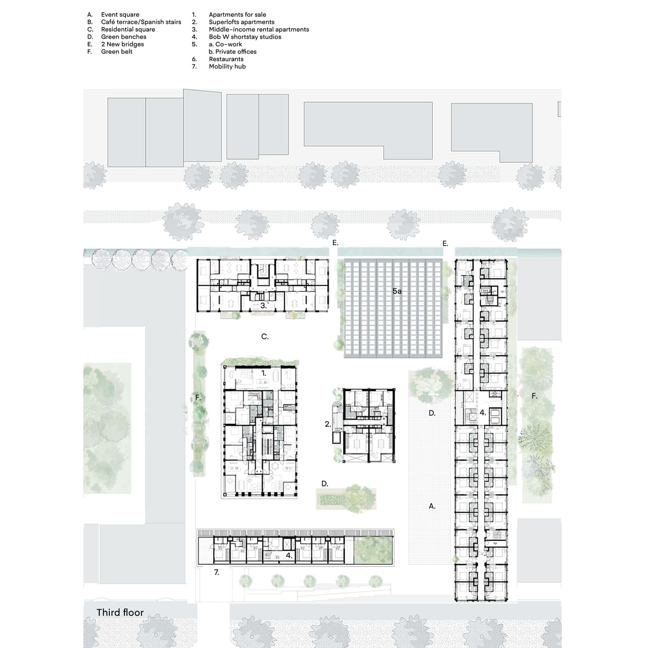 Typical upper floor plan of Republica showing the apartments in each of the buildings, with legend