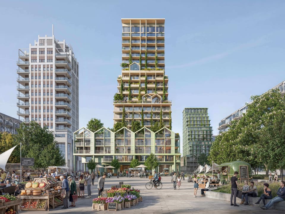Visualisation of UP! Zoetermeer: two residential towers above a lively market square